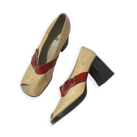 Vintage Ballotta Bologna Italy Red & Ivory Leather Peep-Toe Pumps 1960s–70s - Picture 1 of 11